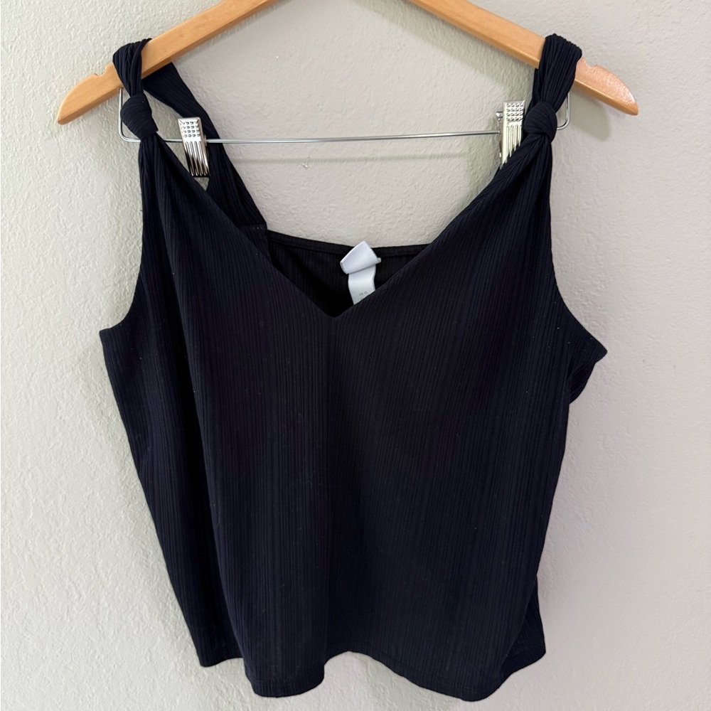 H&M Black Ribbed V-Neck Knotted Strap Tank - Size XL
